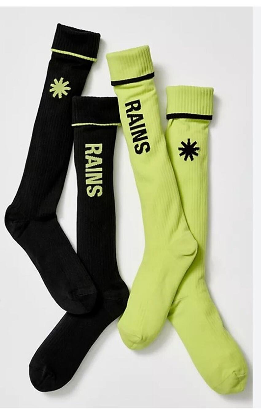 Rains Logo Cuff Socks Lime & Blk Mid 2 Pk Unisex Sz 37-39 Men 5.5-7 Woman 6-8